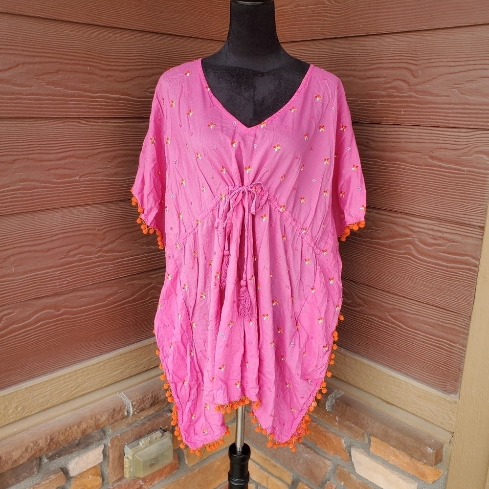 Shiraleah Chicago Pink and Orange Embroidered Women's Swim Cover Up Kaftan OS